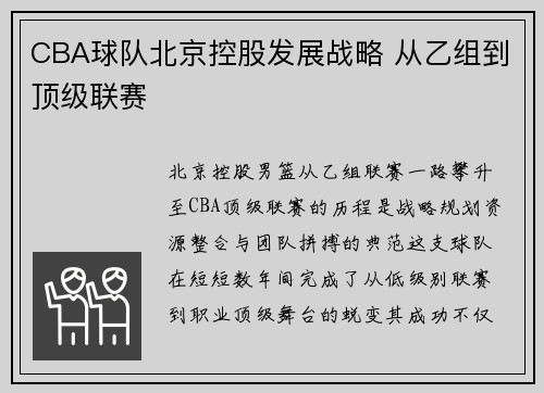 CBA球队北京控股发展战略 从乙组到顶级联赛