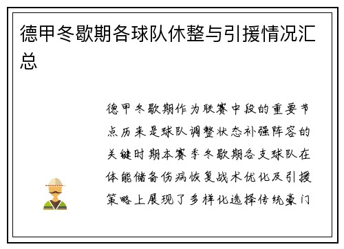 德甲冬歇期各球队休整与引援情况汇总