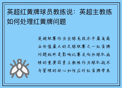 英超红黄牌球员教练说：英超主教练如何处理红黄牌问题